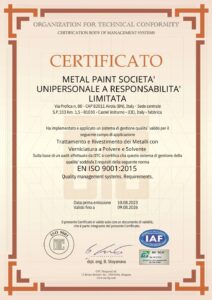 Certificato ISO 9001 per la gestione della qualità rilasciato a Metal Paint.