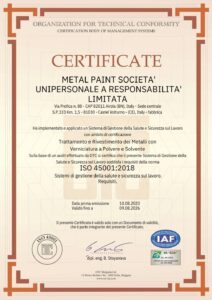 Certificato ISO 45001 per la gestione della sicurezza sul lavoro rilasciato a Metal Paint.