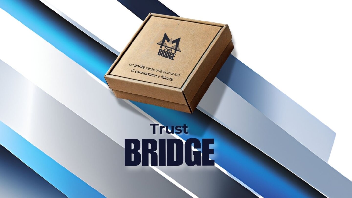 ritocchi e manutenzione: Immagine raffigurante un cofanetto marrone con il logo 'Trust Bridge' e il claim 'Un ponte verso una nuova era di connessione e fiducia' stampato sul coperchio. Sullo sfondo, fasce diagonali blu e argento creano un design moderno e dinamico. In basso, il testo 'Trust Bridge' è evidenziato in blu scuro.